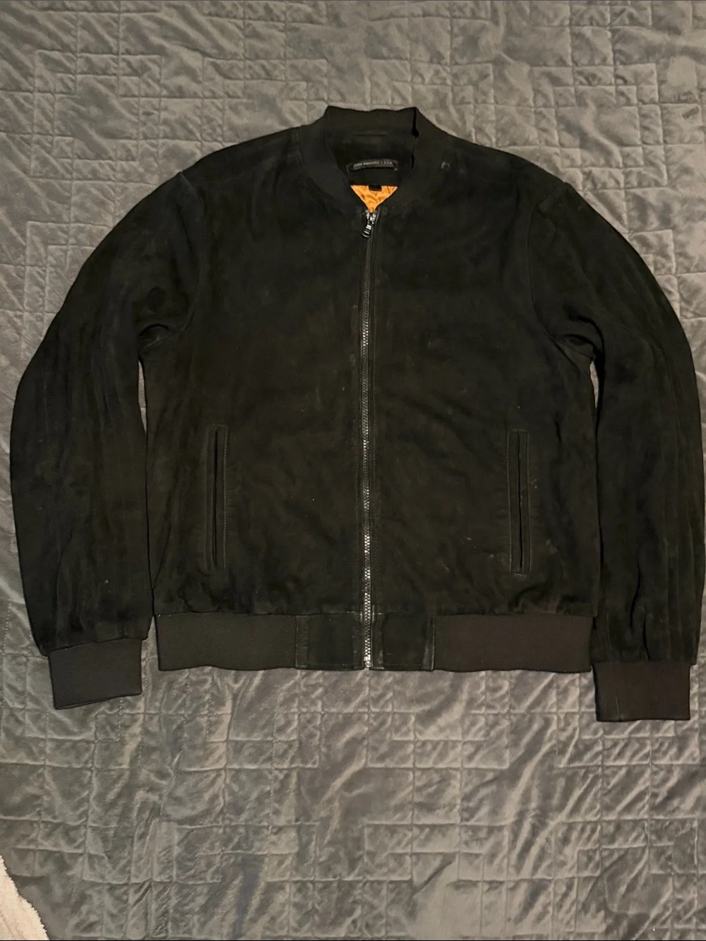 John Varvatos Black Suede Bomber Jacket with Orange Lining